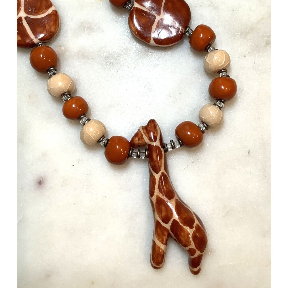 Beaded Giraffe Necklace 22" Hand Crafted Clay Crackle Glaze Africa Safari Animal